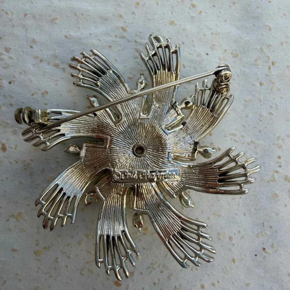 Ceil Chapman Vintage Silver Tone Sunburst Brooch Faux Pearl Rhinestone Flower
